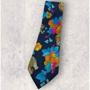 LEONARD Silk Tie ITALY Navy Blue Pink Floral Elephant Fruit W:3.8" EUC